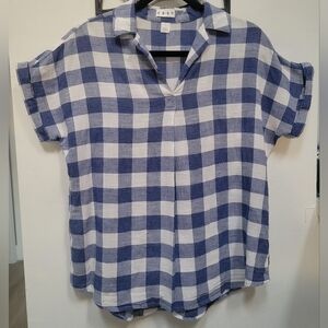 DA-SH Women's V Neck Blue White Gingham 100% Cotton Size L Cottagecore Retro